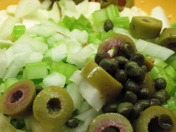 Olives, capers, celery, onion, cauliflower