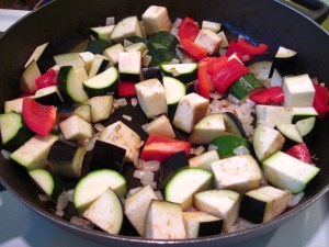zucchini, eggplant, and red pepper added