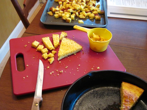 Cornbread cut in cubes