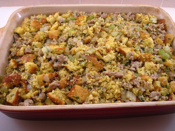 Cornbread stuffing ready to bake