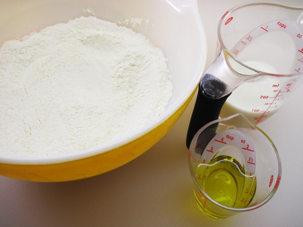 Dry ingredients, milk, olive oil