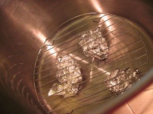 Foil and rack in large pot