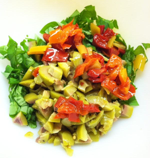 Basil, olives, peppers