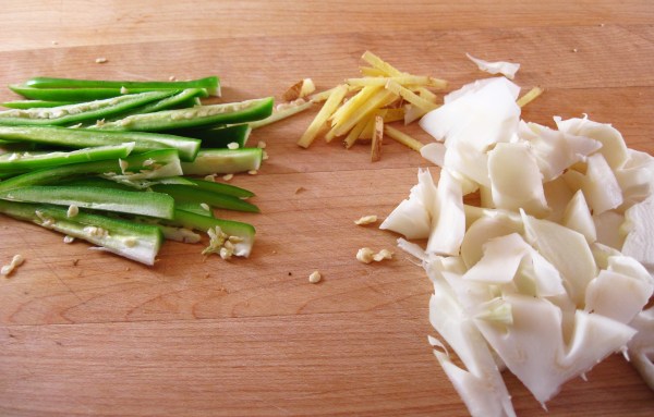 Serrano chili peppers, ginger, and cauliflower core