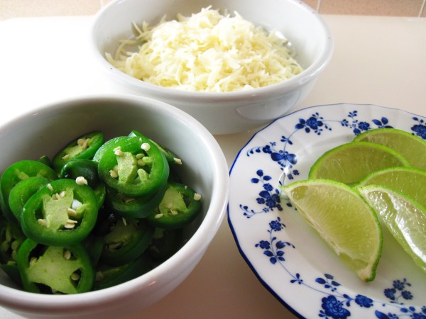 Jalapeno, jack cheese, lime wedges