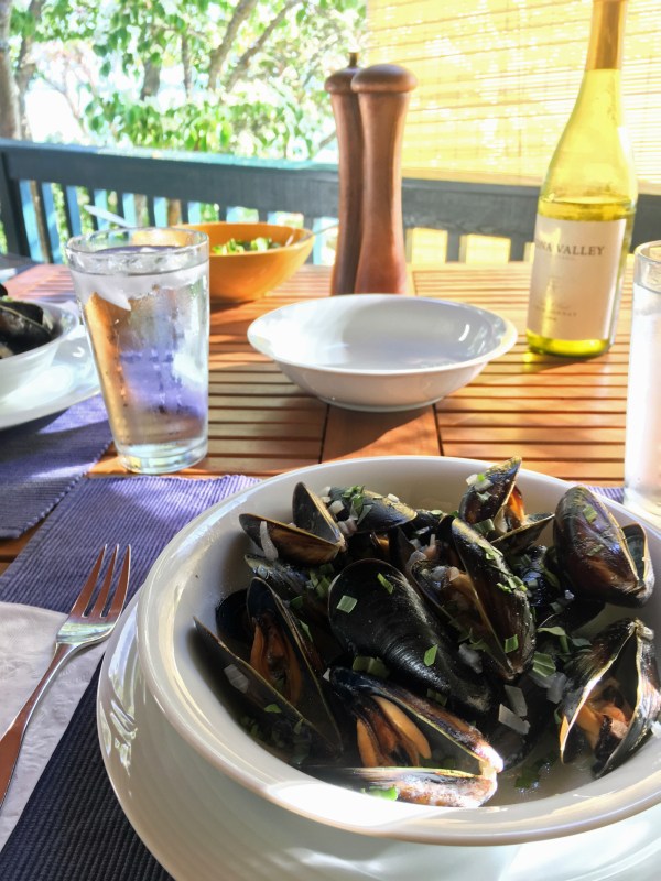 Mussels, salad and chardonnay on the deck
