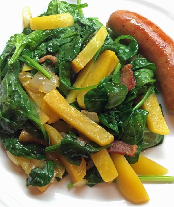 Warm Spinach and Beet Salad with Bacon Dressing (and sausage)