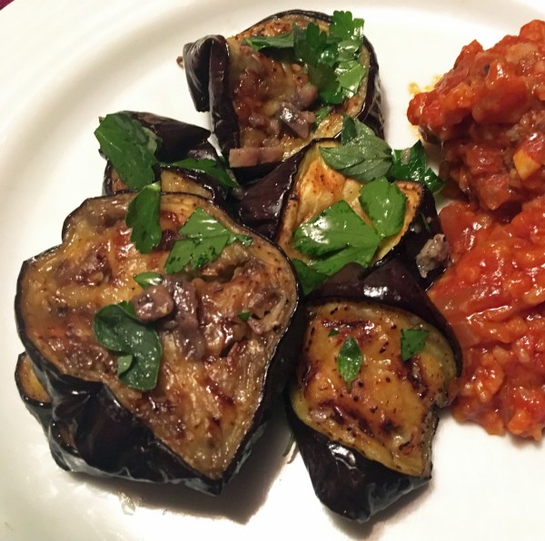 roasted eggplant with anchovies and oregano with porcupine meatballs