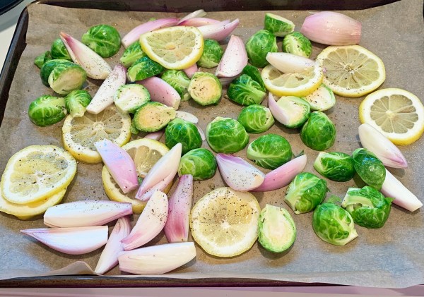 Brussels sprouts, shallots, and lemon slices