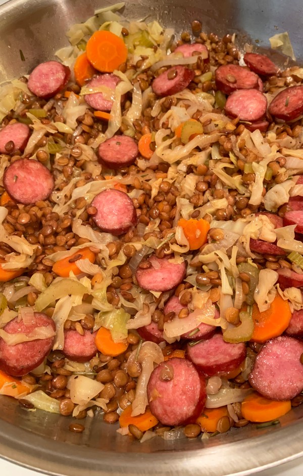 Braised Lentils with Sausage and Cabbage